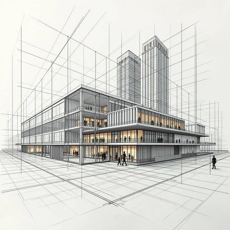 Dessin d’architecte : bâtiment moderne en perspective filaire, fenêtres éclairées