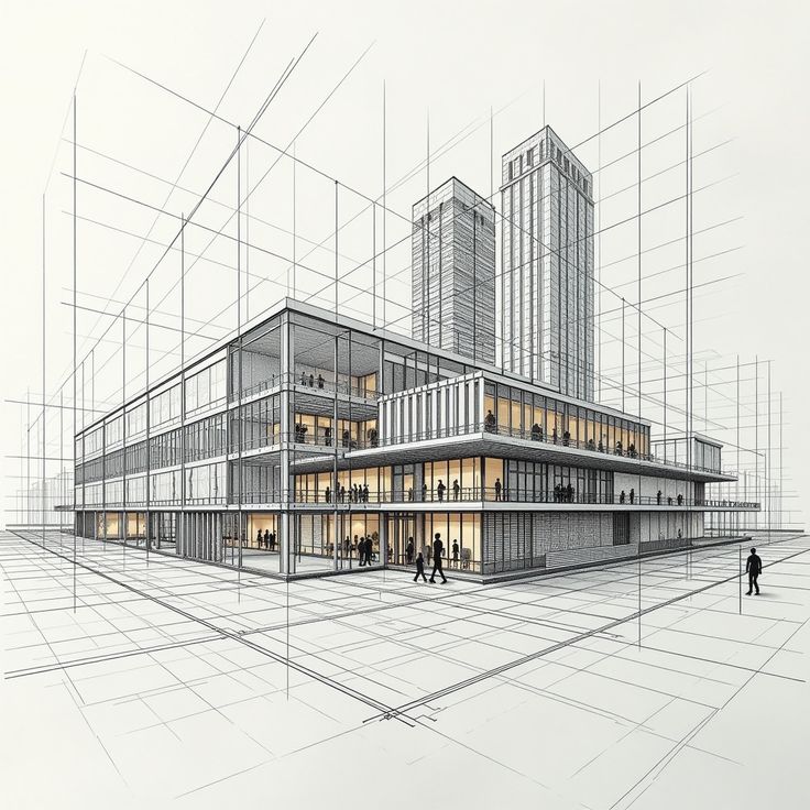 Dessin d’architecte : bâtiment moderne en perspective filaire